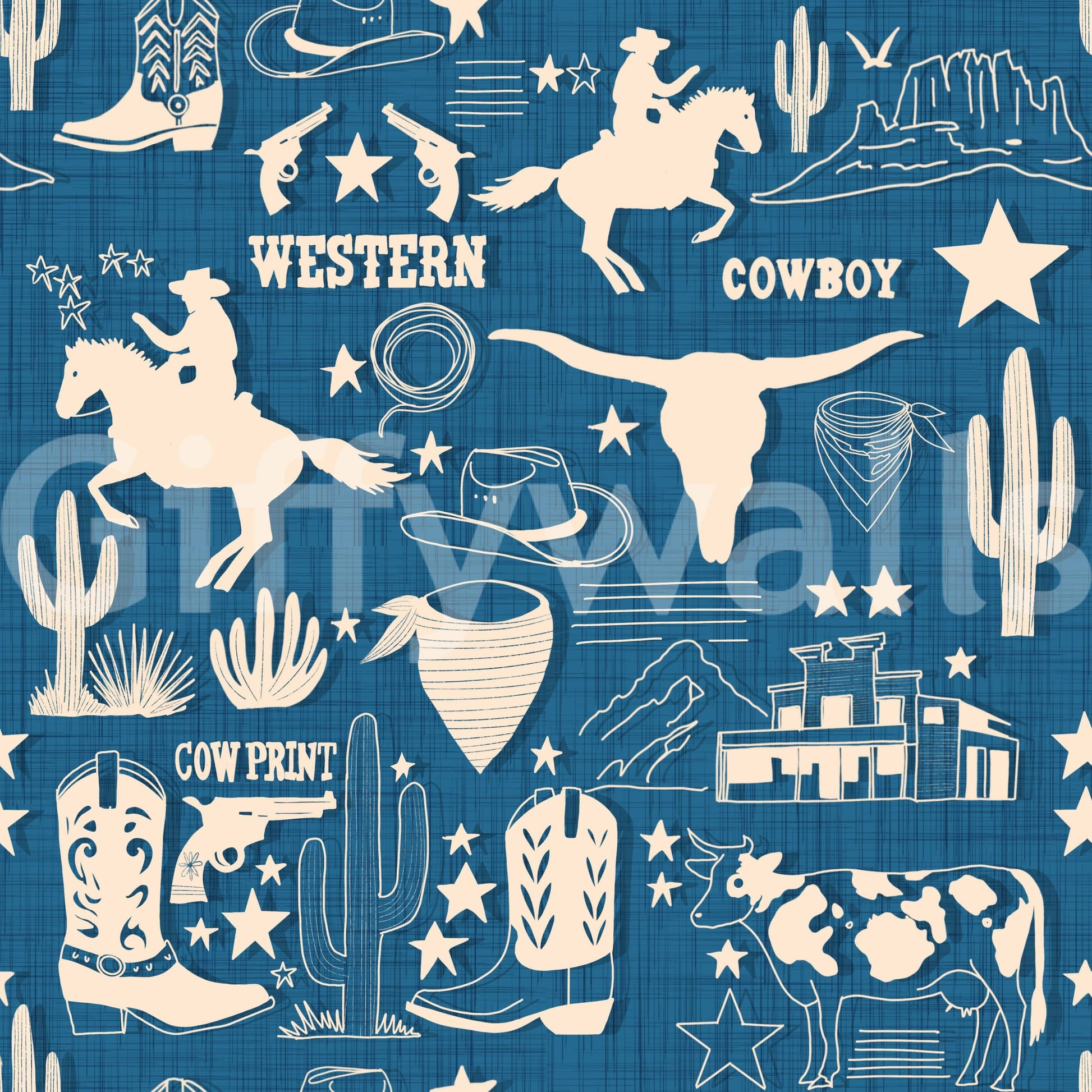 Western aesthetic decor using Wild West Blueprint Wallpaper pattern.