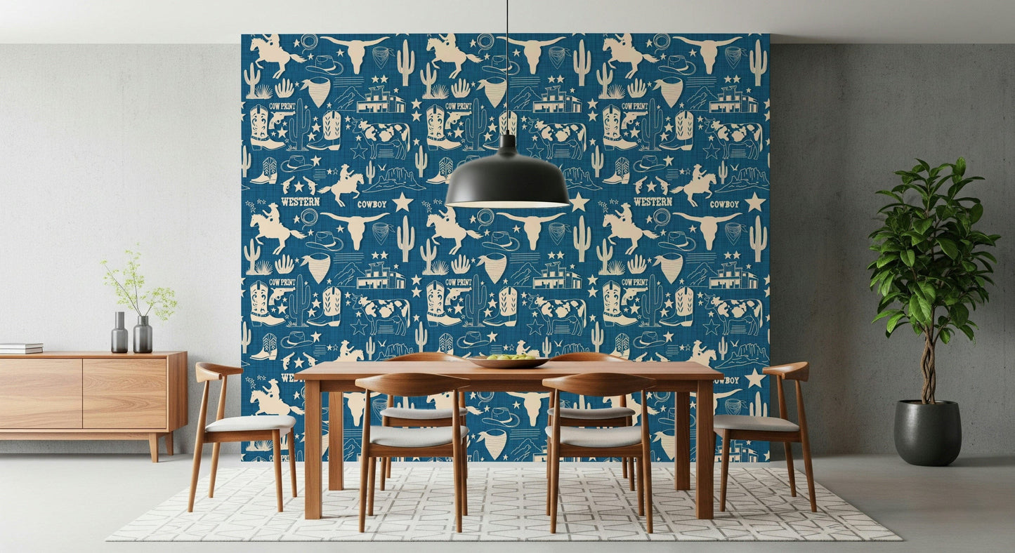 Outlines of Western objects on Wild West Blueprint Wallpaper print.