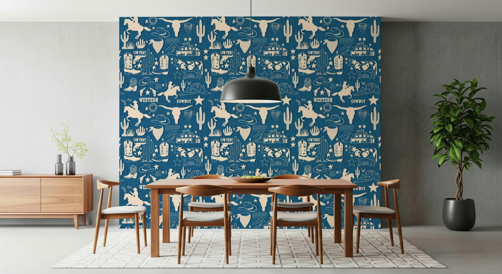 Outlines of Western objects on Wild West Blueprint Wallpaper print.