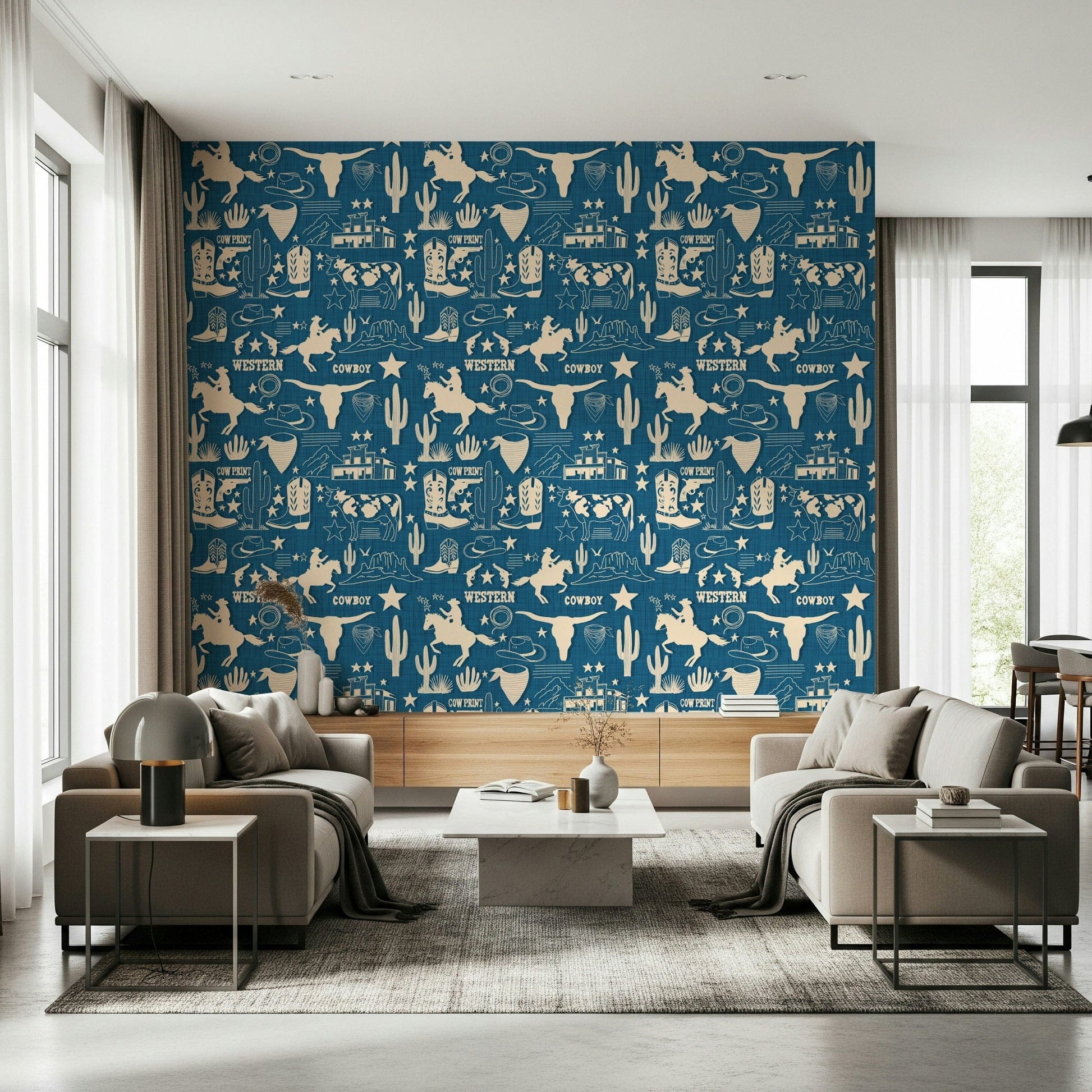 Blueprint style wallpaper featuring horses and guns.