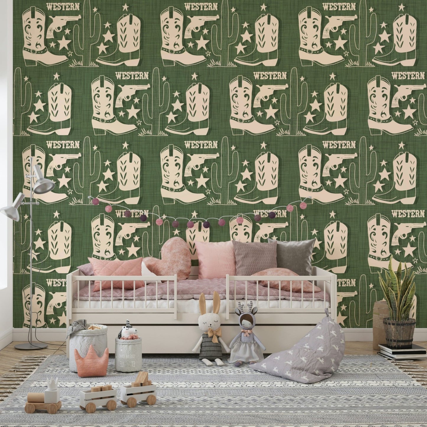 Textured green backdrop Wild West Charm Wallpaper design.