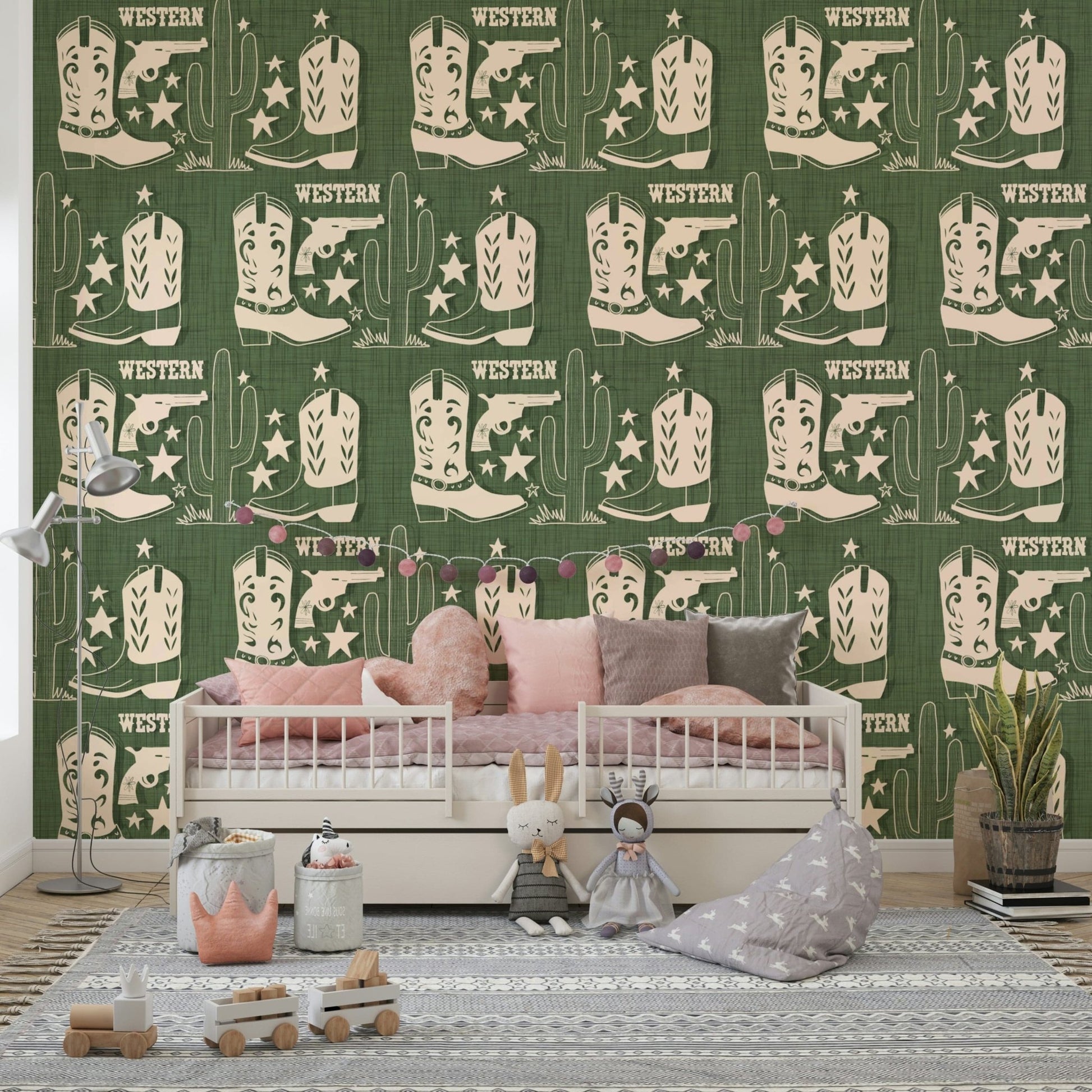Textured green backdrop Wild West Charm Wallpaper design.