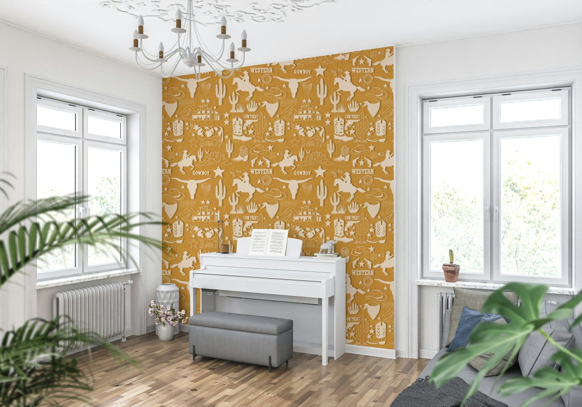 Longhorn skull and cactus Wild West Roundup Wallpaper., GD6616