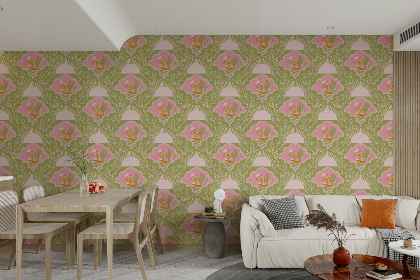 Cactus plants are part of the playful pattern.

