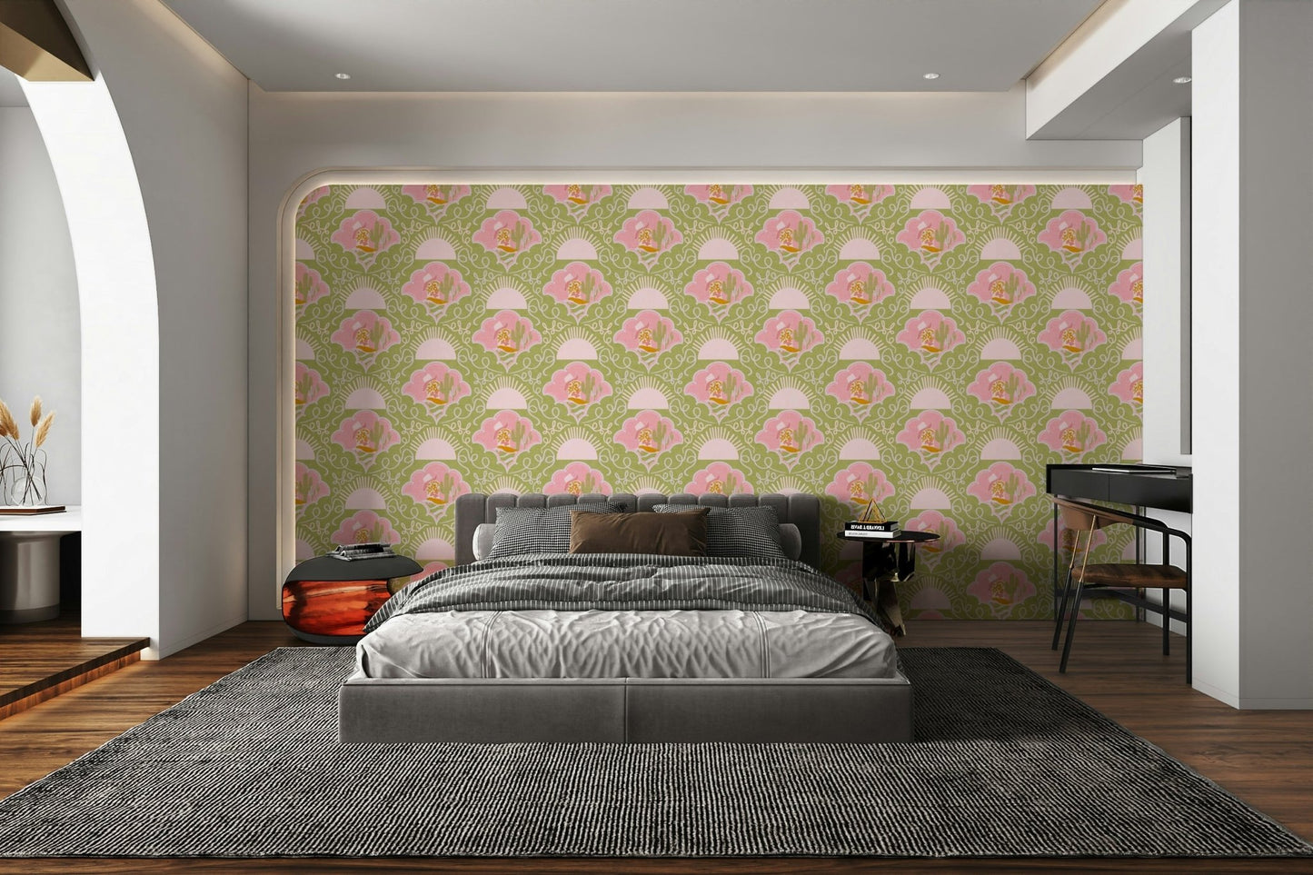 The colors are cheerful green and pink.


