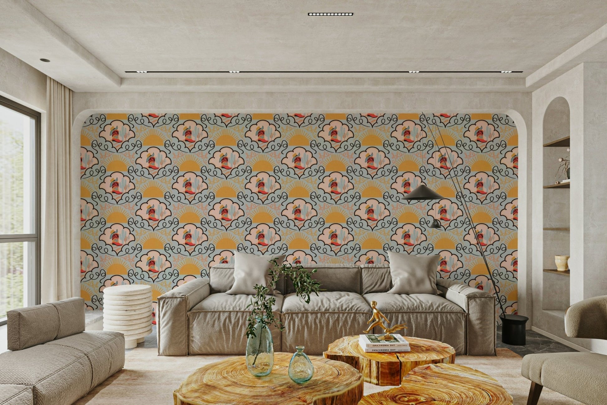 The design features a pattern of red cowboy boots.

