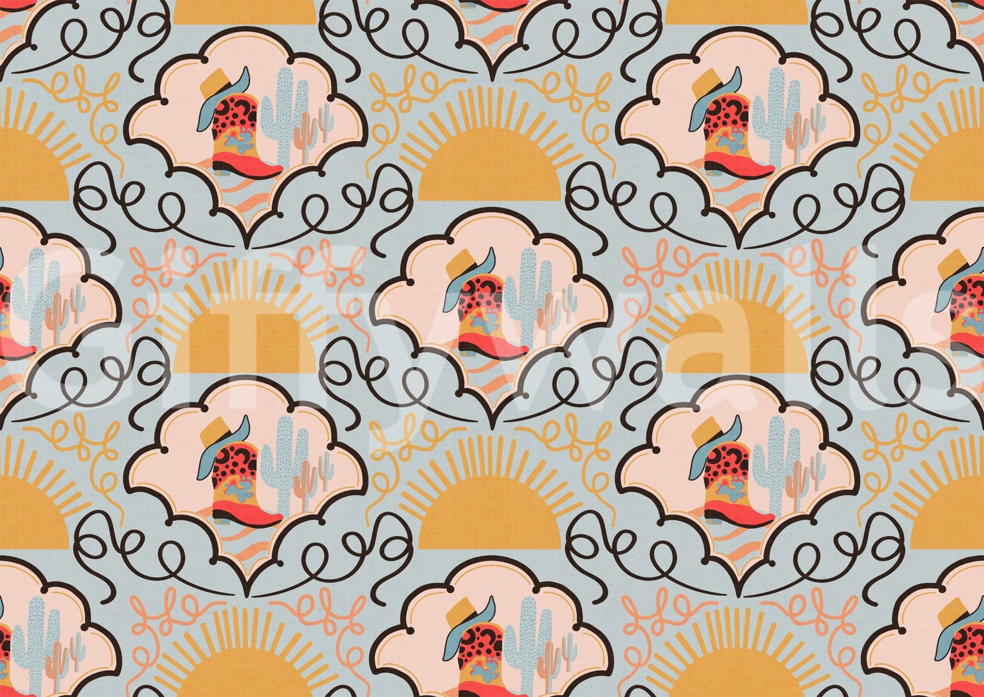 The aesthetic is a lighthearted Wild West scene.

