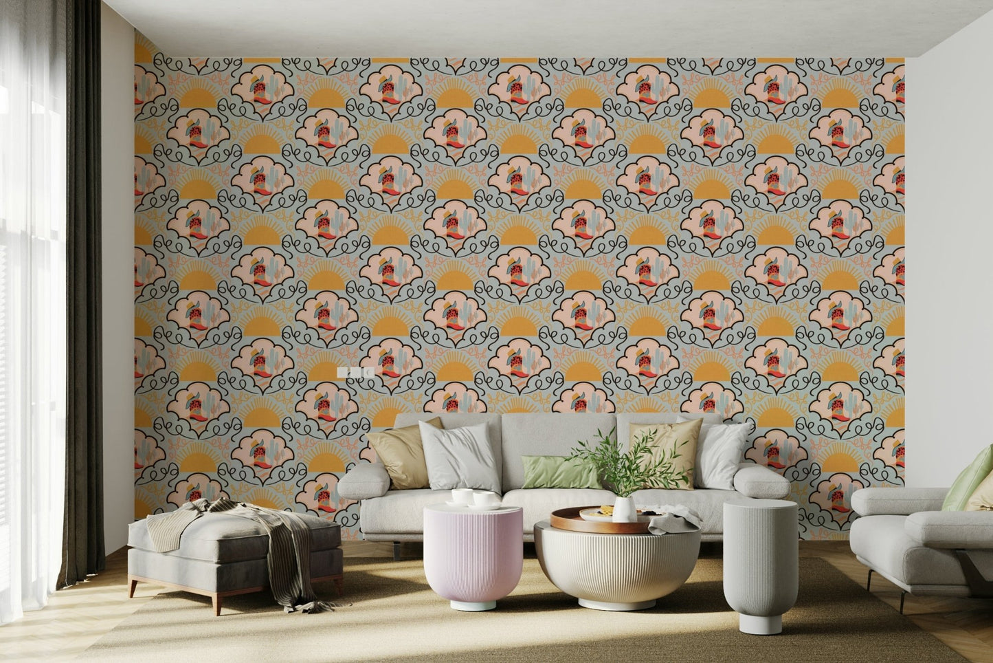 Cartoon-style cactus plants are part of the pattern.

