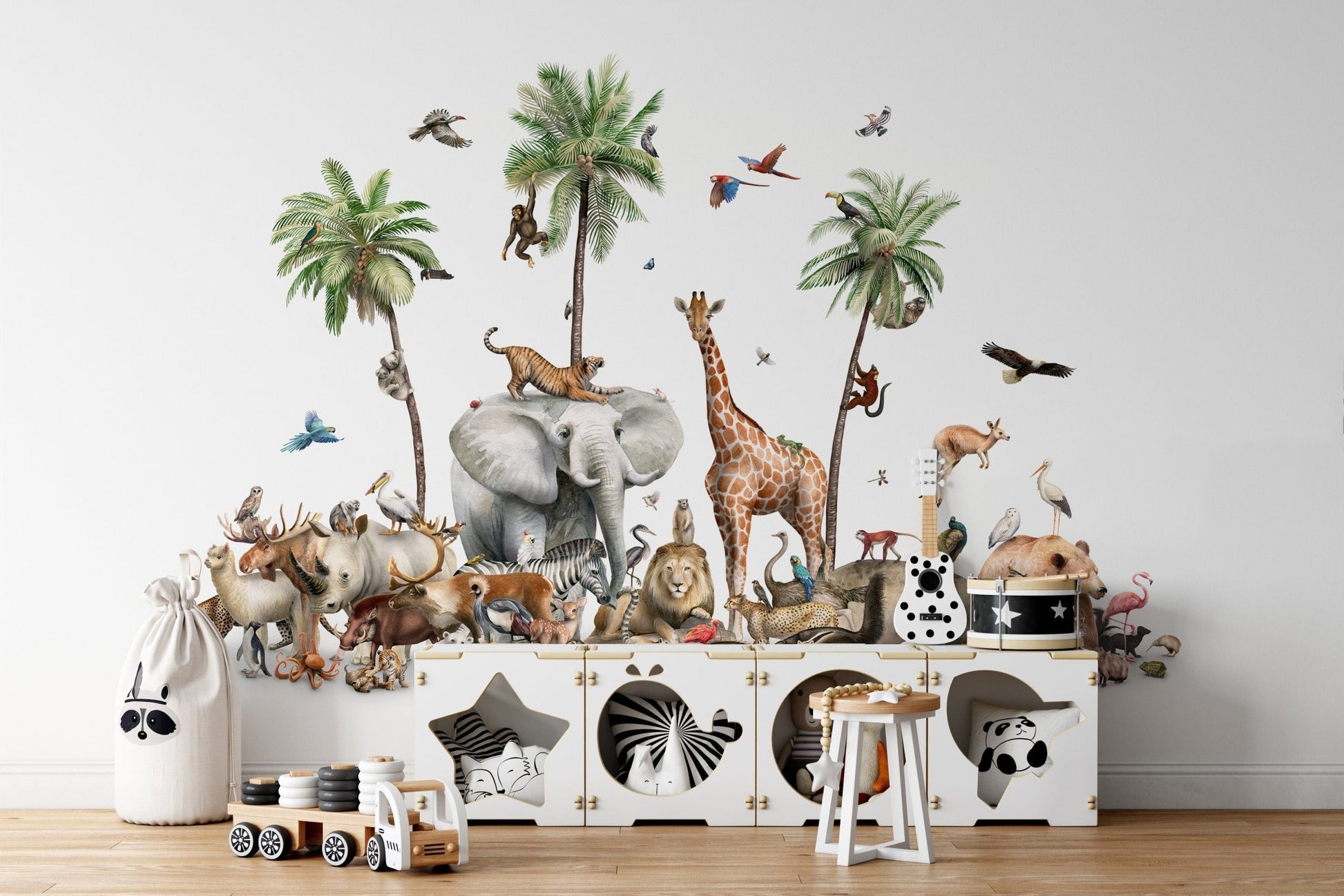 Safari animal and bird-themed wallpaper with palm trees