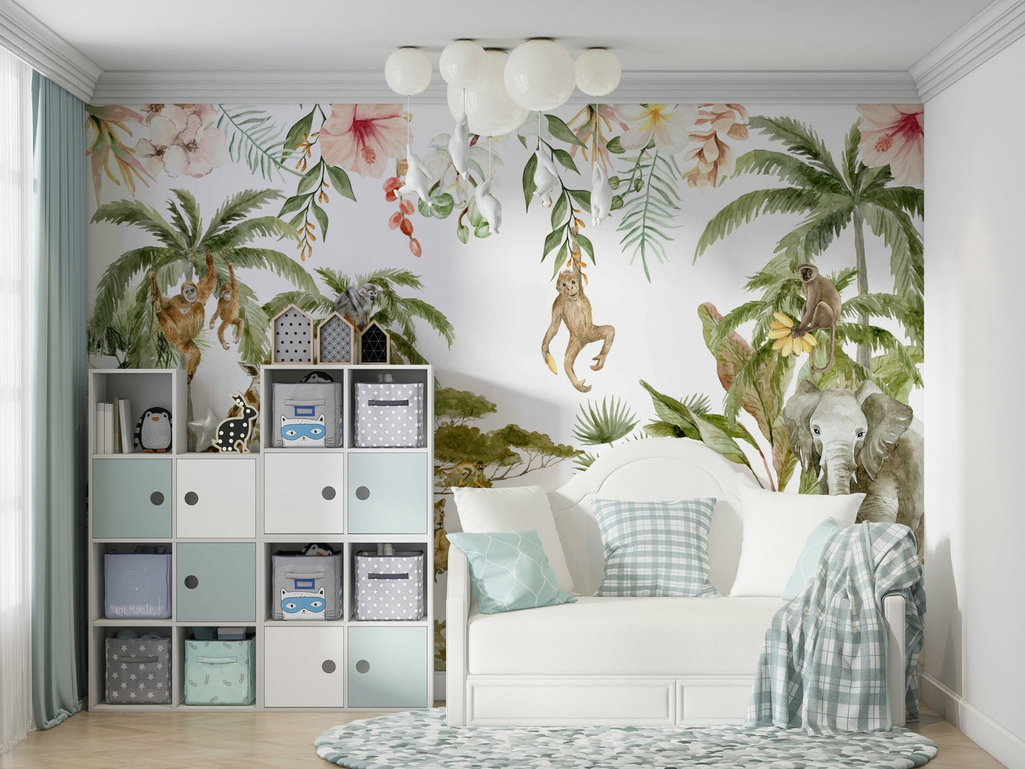 Watercolor mural with wild animals and plants

