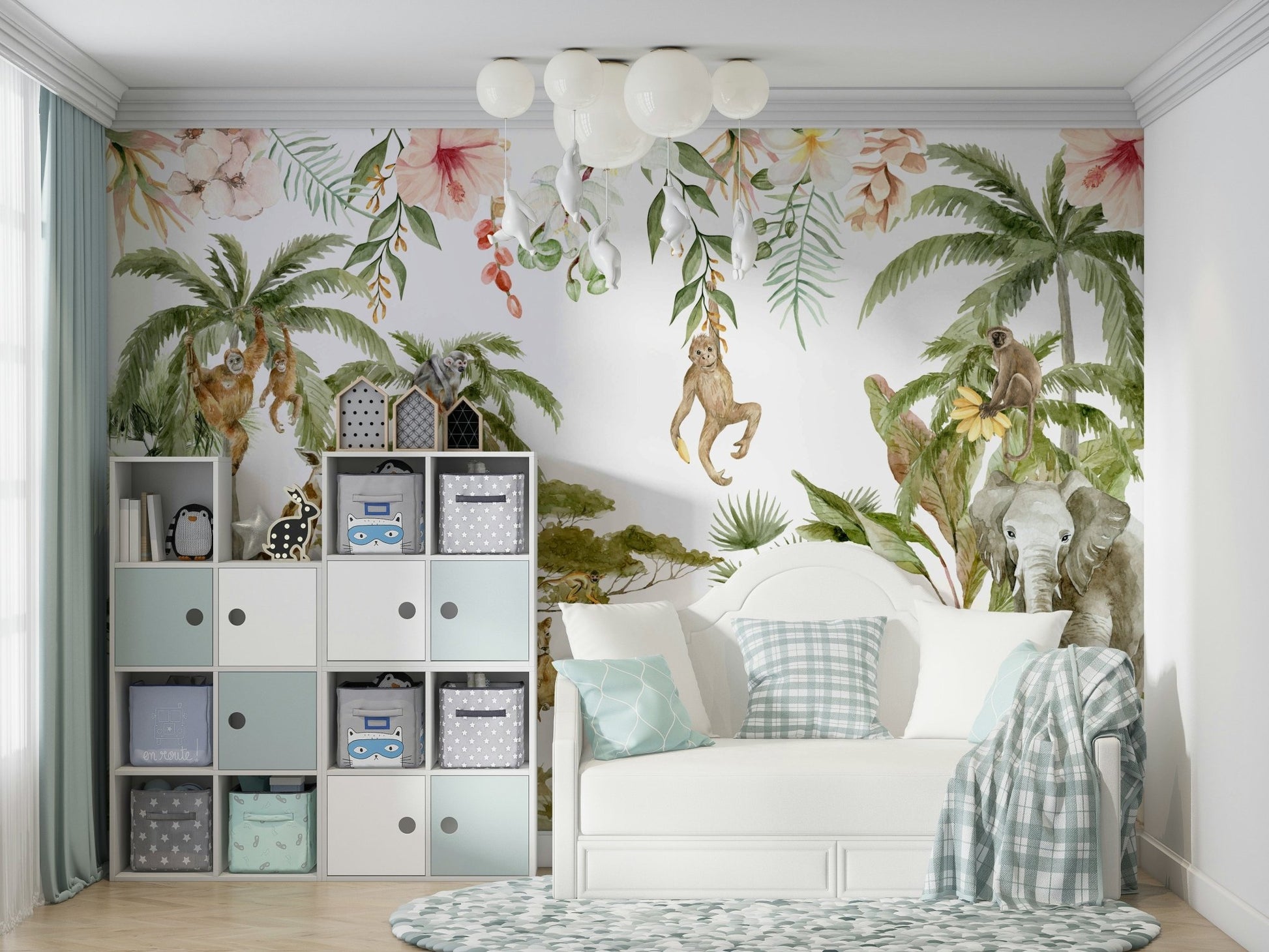Watercolor mural with wild animals and plants

