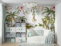 Watercolor mural with wild animals and plants

