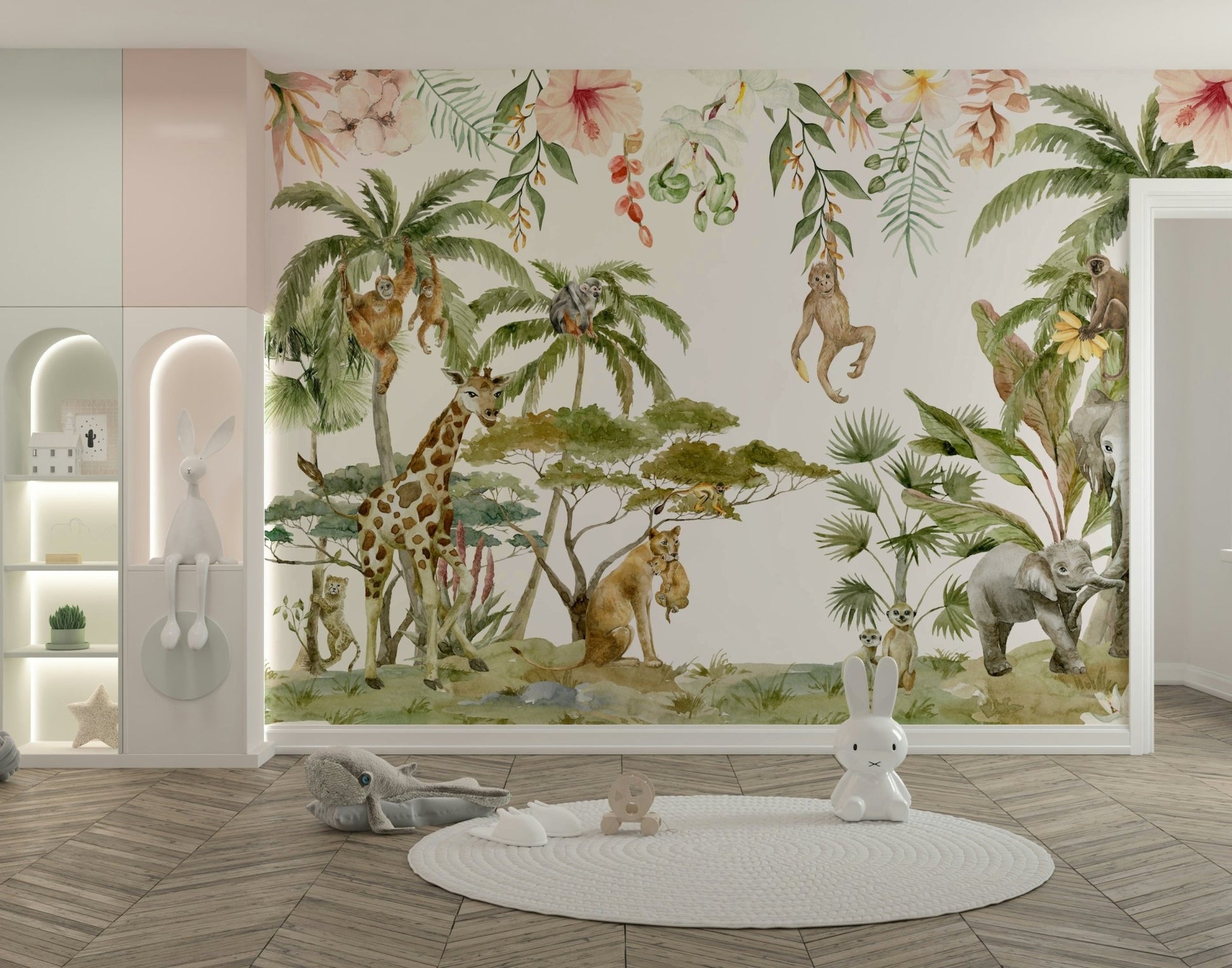 Jungle and forest animal wall mural in watercolor

