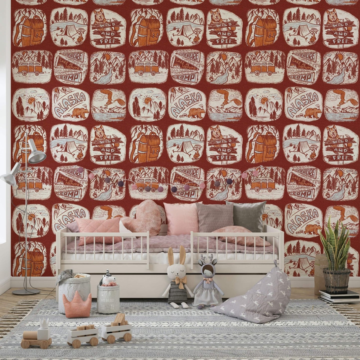 Wall mural featuring Wilderness Patches and camping sketches.