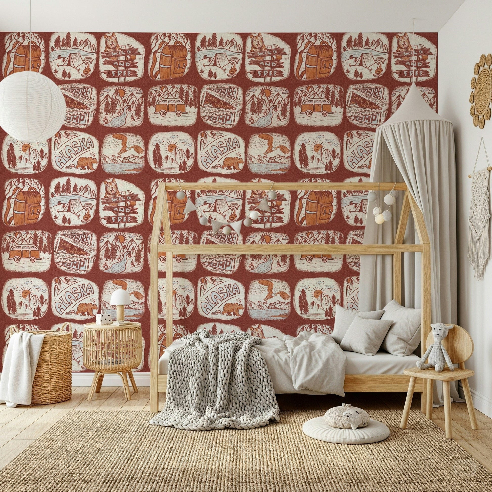 Vibrant rustic Alaska adventure Wilderness Patches Wallpaper décor.
