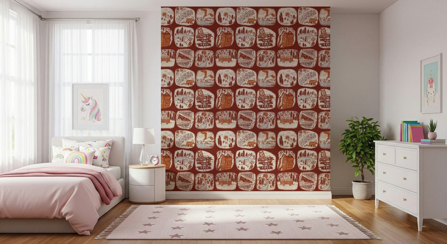Rustic dog wild free sign Wilderness Patches Wallpaper pattern.