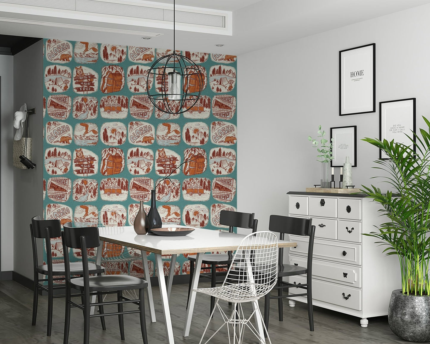 Wallpaper for walls, unique Wilderness Sketchbook design, orange line art., GD6636