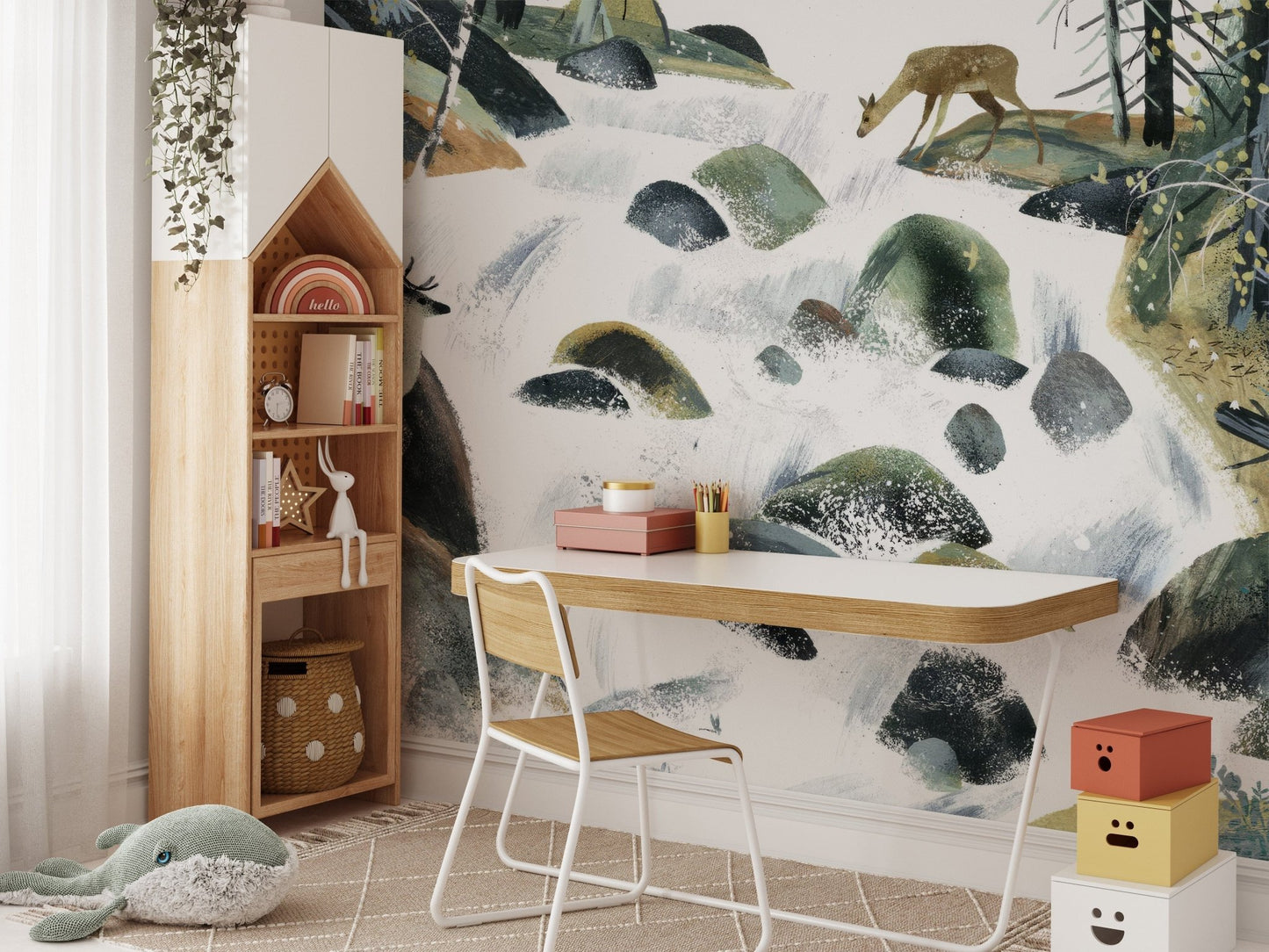 Serene forest waterfall mural design