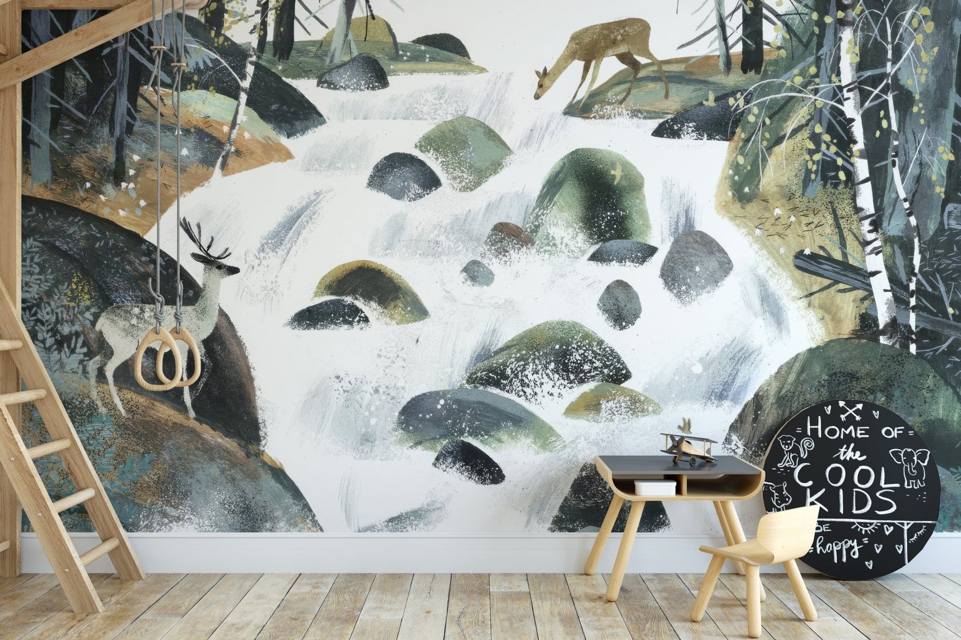 Lush woodland mural featuring wildlife