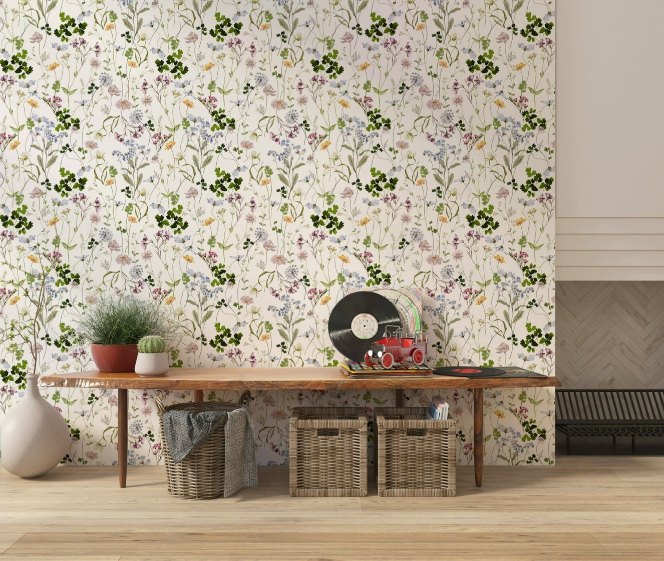 Floral meadow wallpaper with light sky tones for smooth full wall finish