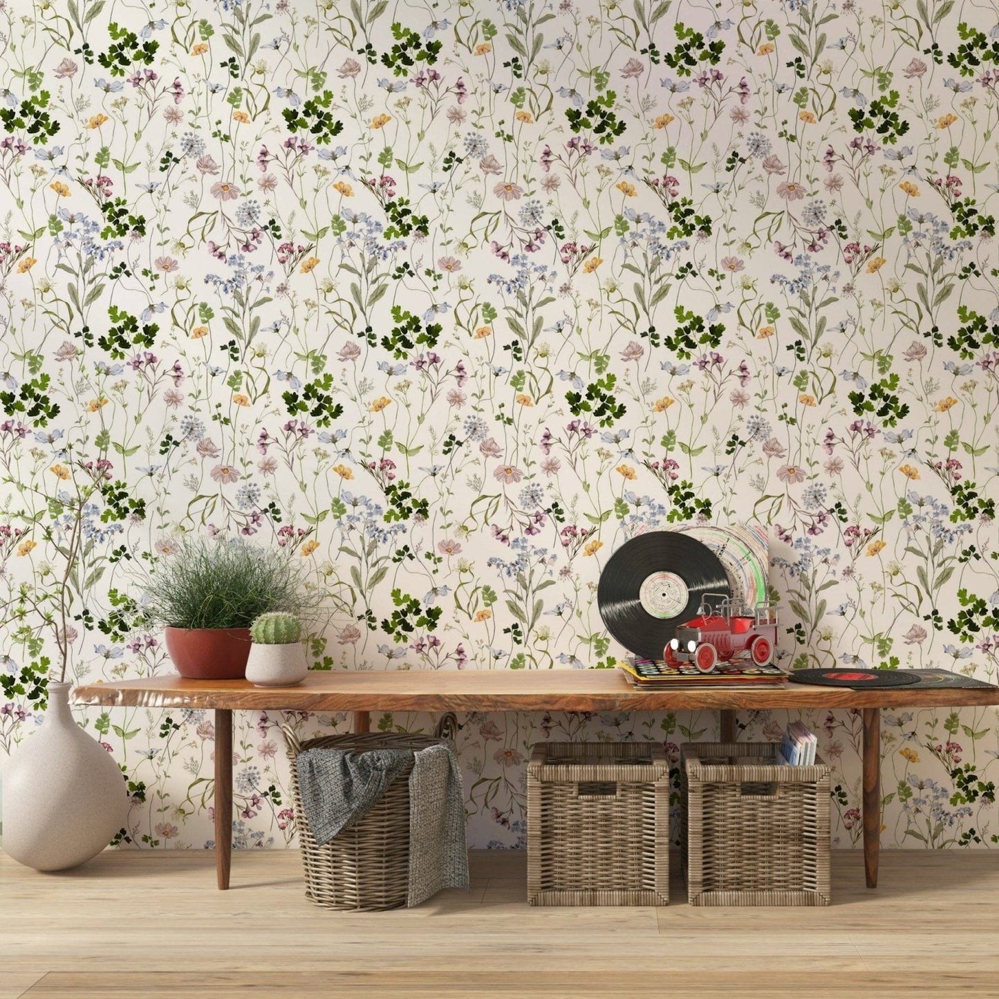 Floral meadow wallpaper with light sky tones for smooth full wall finish, GD7683