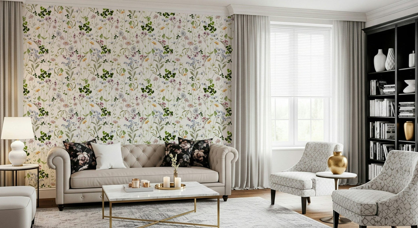 Wildflower Early Summer Meadow Wallpaper in pastel tones for feature wall, GD7683