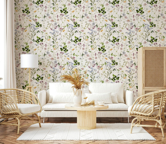 Wildflower wall mural with grasses and tiny flowers for seamless full wall, GD7683