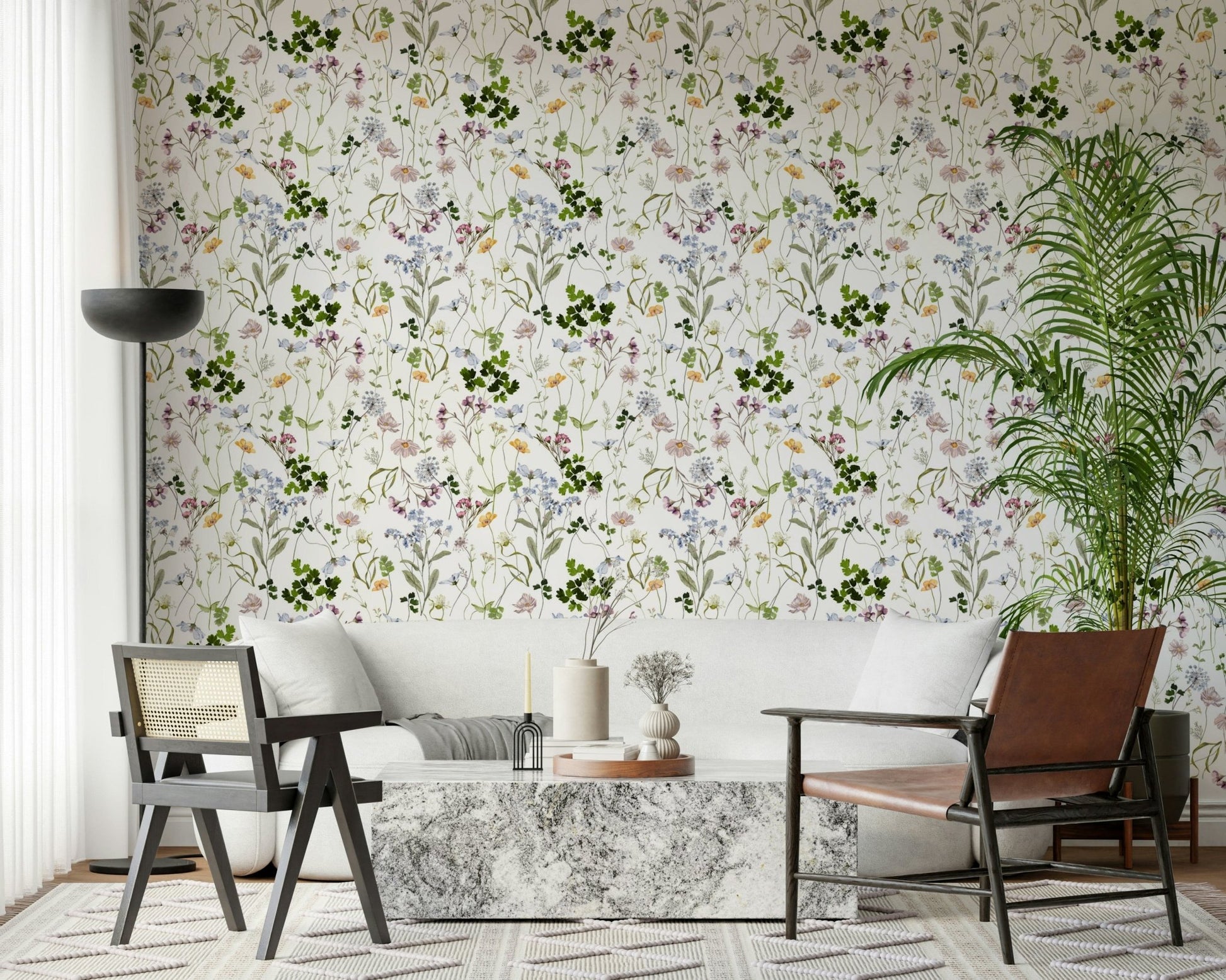 Botanical meadow wallpaper with yellow wild blooms for statement wall, GD7683