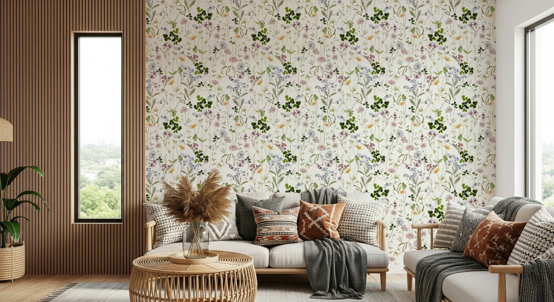 Painterly wildflower wall mural in sage, cream and lavender for feature wall, GD7683