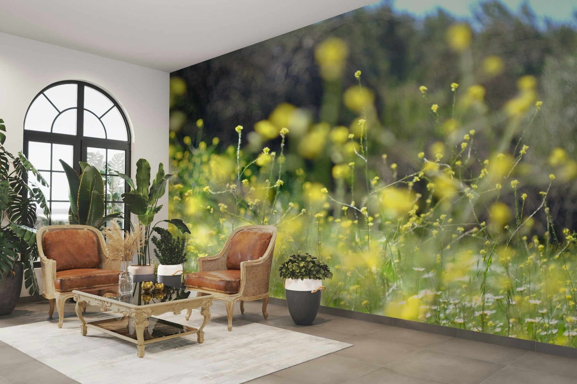 Features a field or cluster of wildflowers, often depicted with a soft, hazy, or blurred artistic touch.
