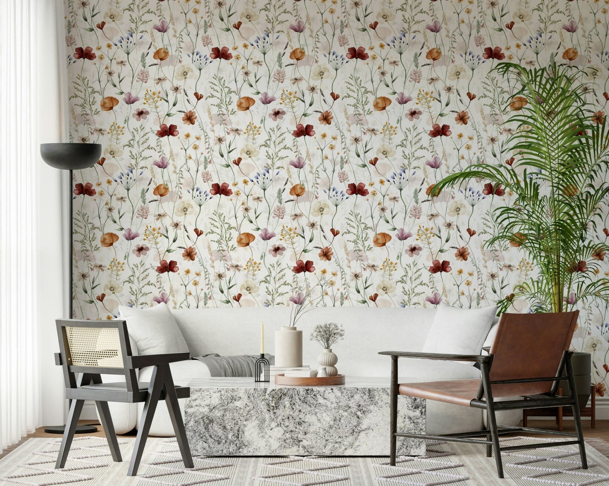 Wildflower Hues Blush and terracotta floral wallpaper.