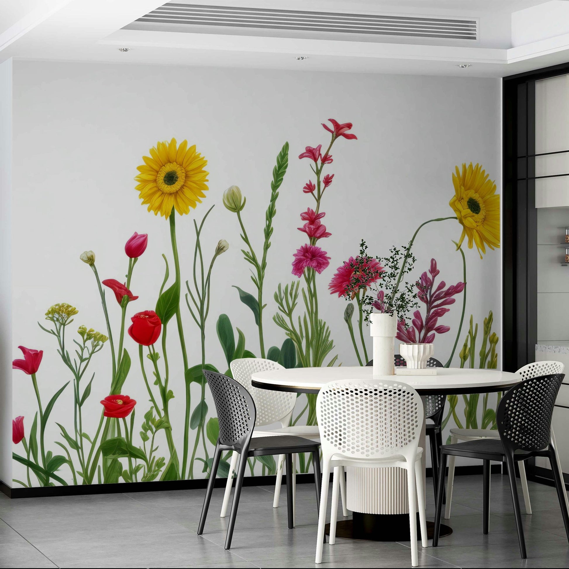 Lively hues reds, yellows, blues, purples, whites.