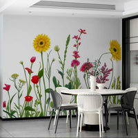 Lively hues reds, yellows, blues, purples, whites.