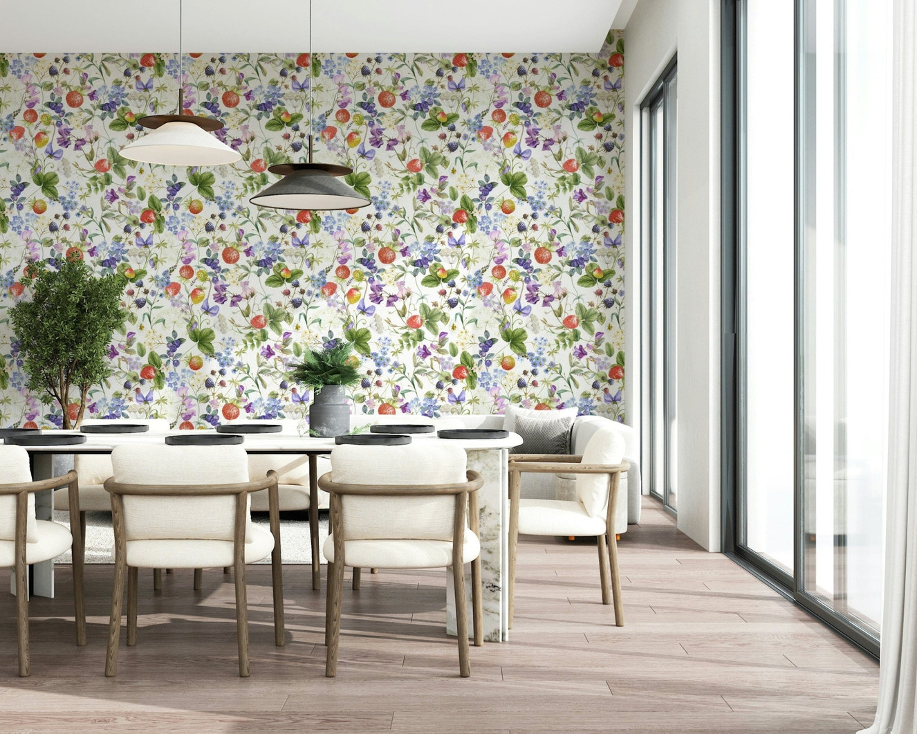 Wildflower Patch wallpaper mural featuring ripe strawberries and blue blossoms.