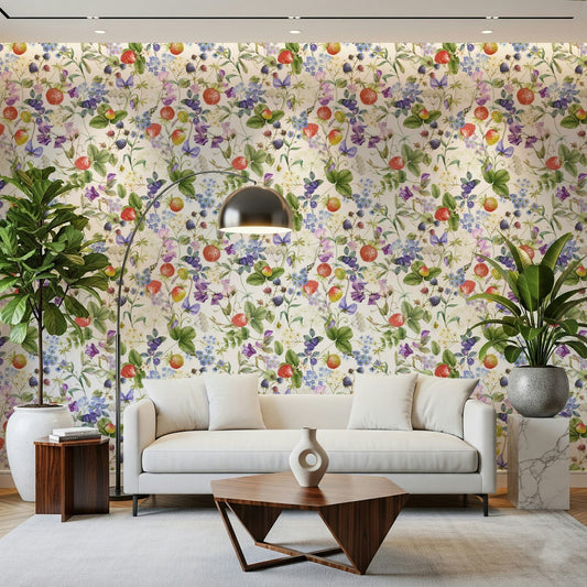 Soft pastel Wildflower Patch wallpaper for walls with white background.