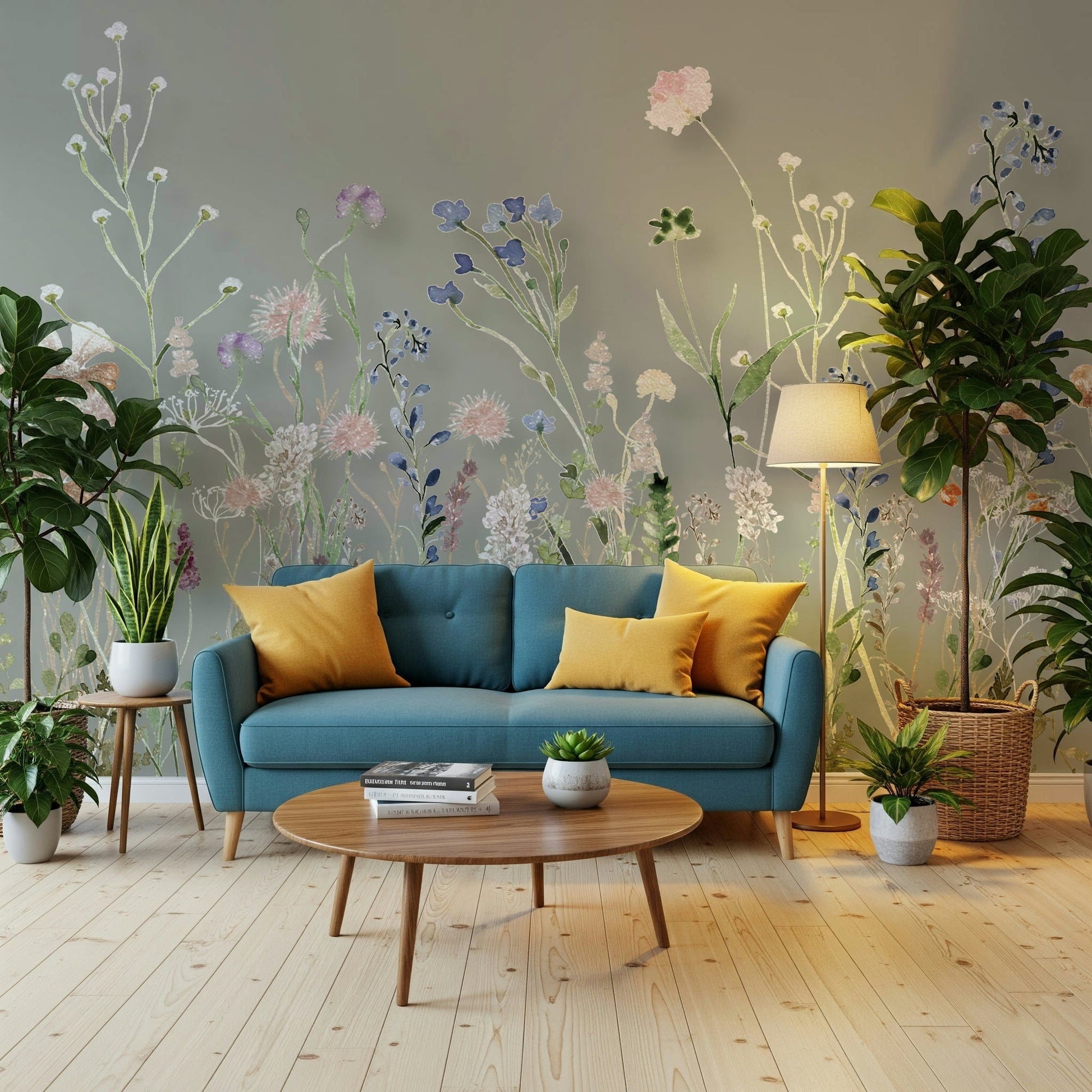 Wildflower Symphony leaves and blooms wallpaper for walls.