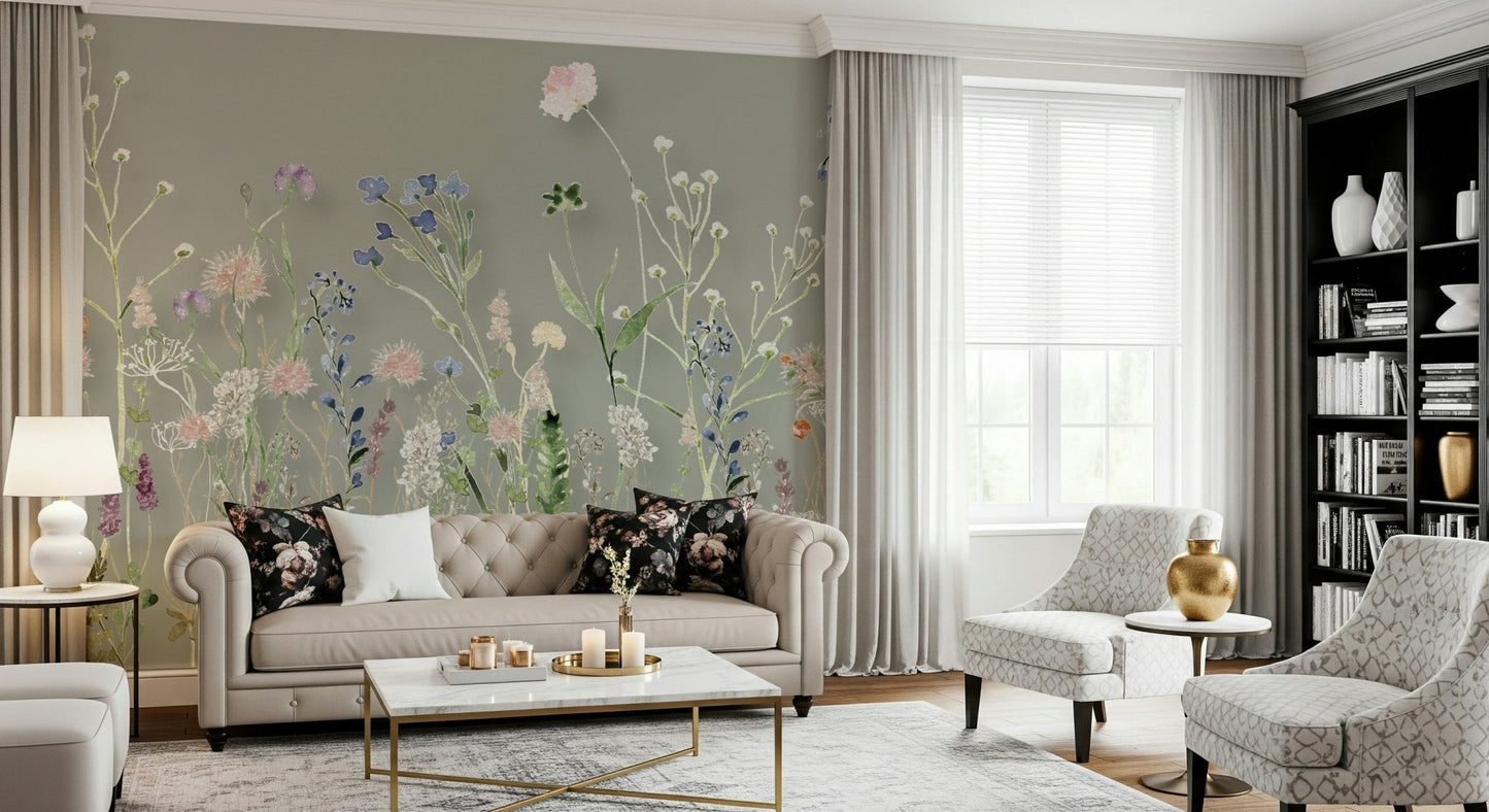 Serene meadow wallpaper mural with subtle pastel blooms.