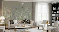Serene meadow wallpaper mural with subtle pastel blooms.