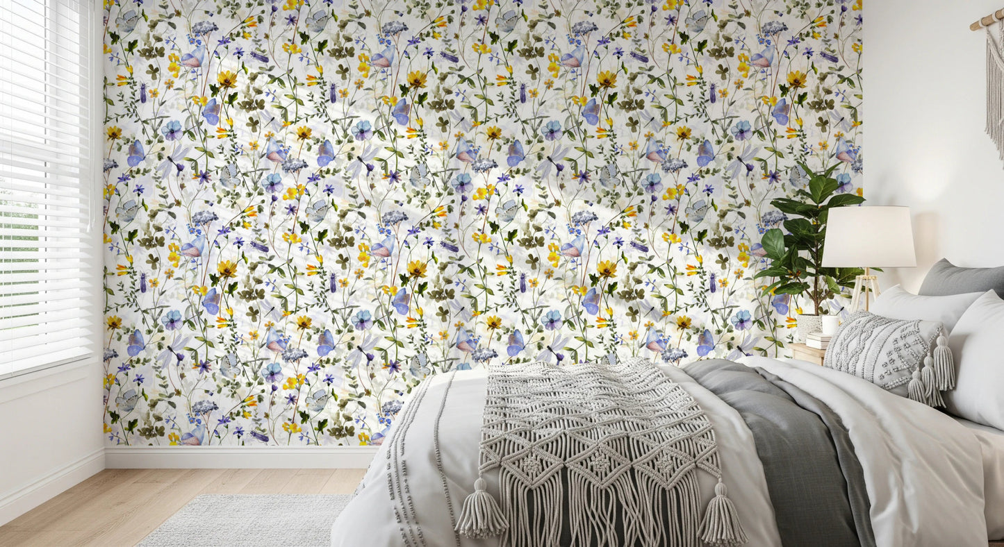 Uta Naumann wildflower wallpaper in soft blue tones