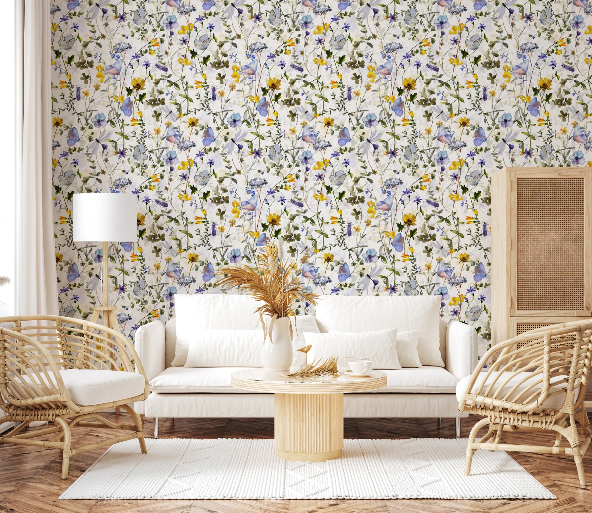 Wildflower Waltz floral pattern wallpaper with butterflies