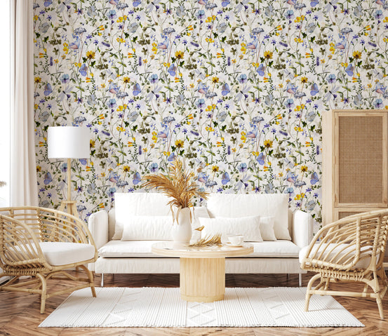 Wildflower Waltz floral pattern wallpaper with butterflies, GD8161