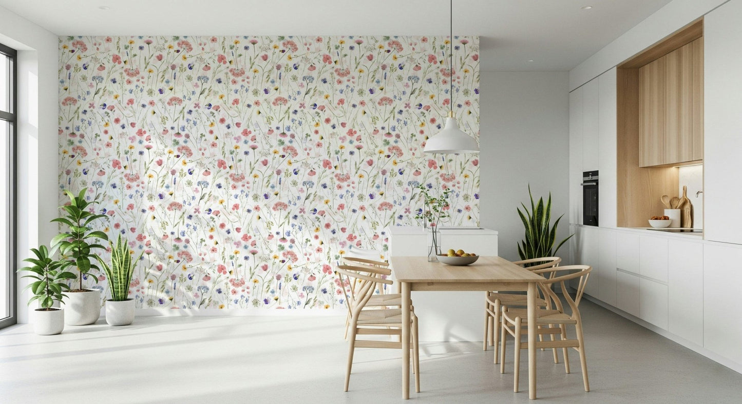 Wildflower Waltz wallpaper, intricate spring bloom pattern.
