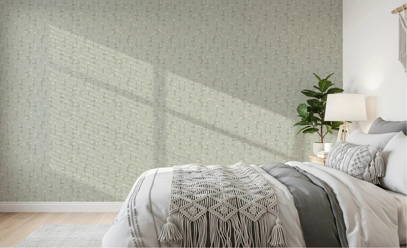 Wildflower Whisper pastel wallpaper with delicate mini flower sprigs throughout
