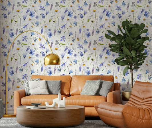 Airy blue floral design wallpaper, Wildflower Whispers Blue, light backdrop.