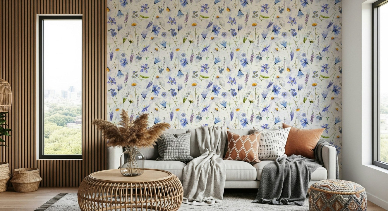 Intricate Wildflower Whispers Blue Watercolor wallpaper for walls, artistic detail.