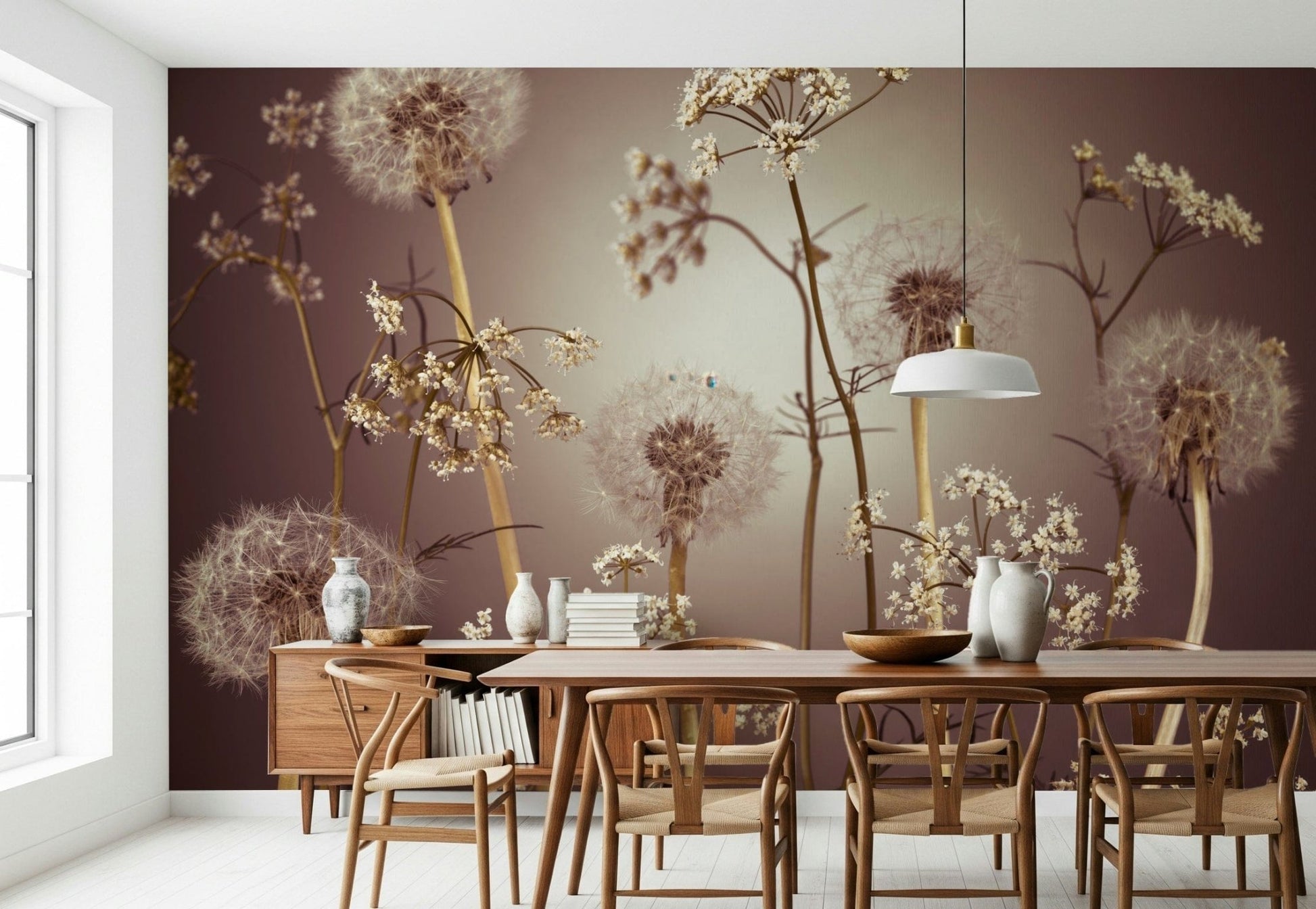 Wildflower Whispers Wall Mural behind a wooden dining table set wallpaper.