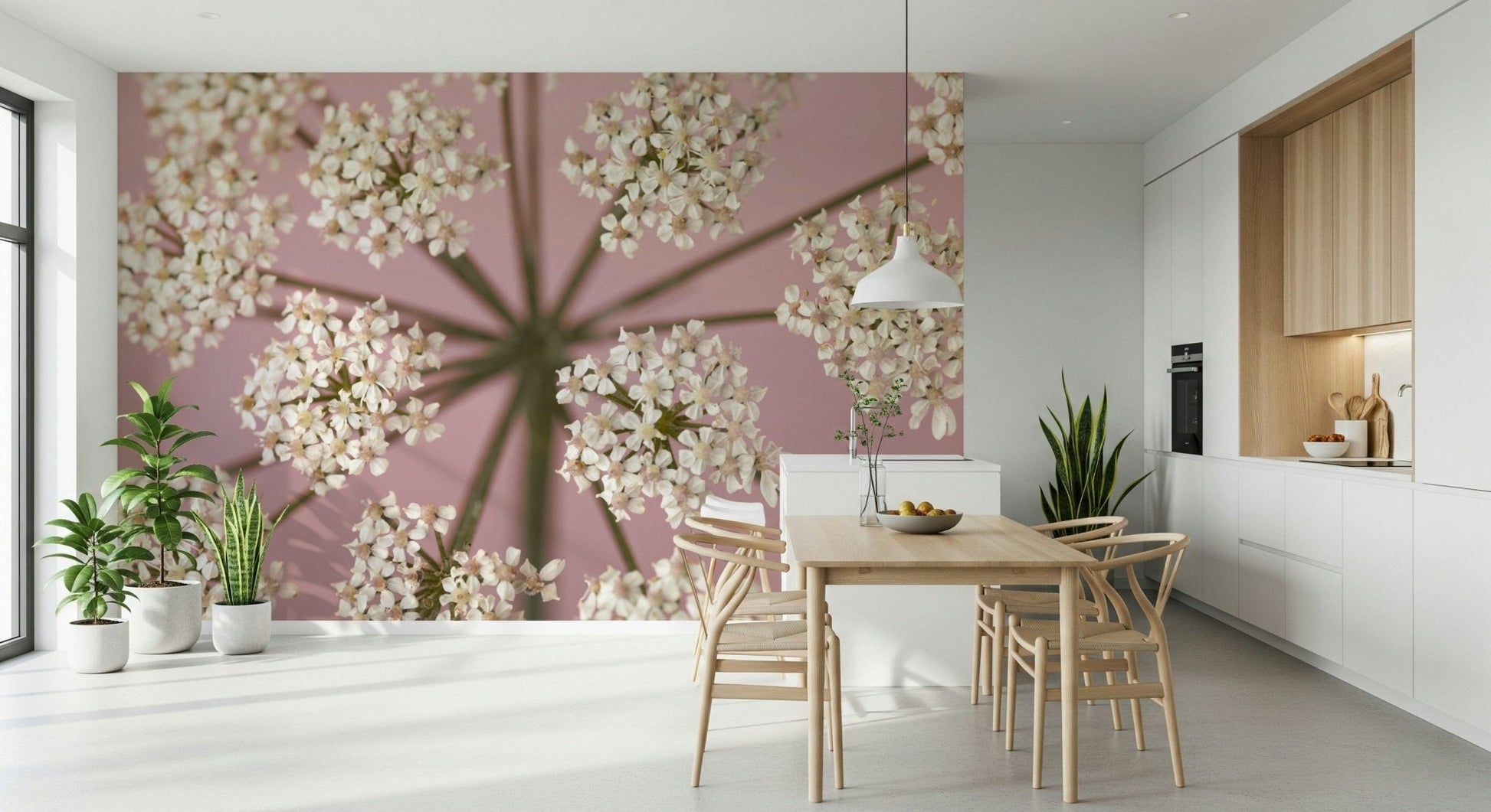 Botanical wall mural with delicate white stems for a modern office wallpaper.