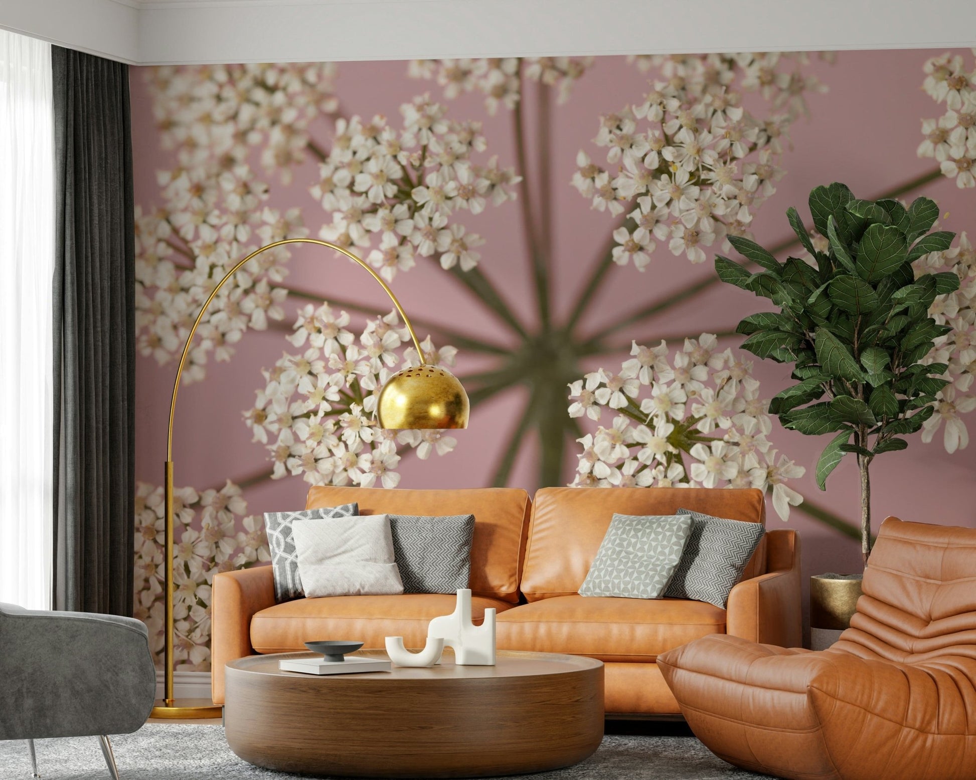 Floral wall mural with white botanical patterns on pink for a bedroom wallpaper.