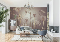 Floral wall mural with soft pink and cream botanical patterns for a bedroom.