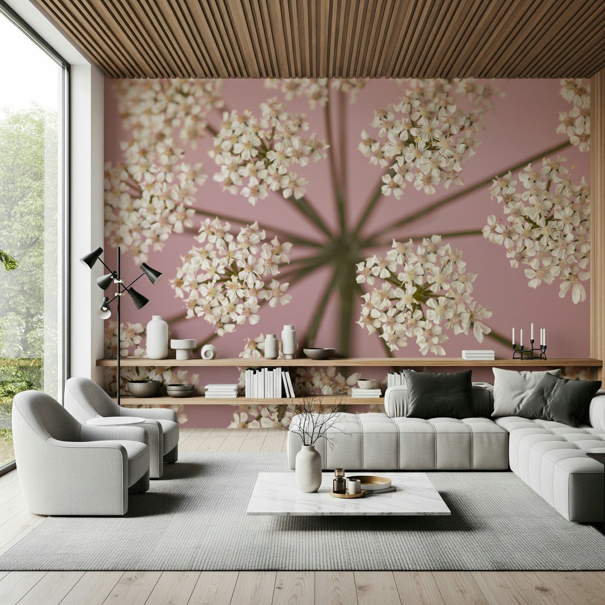 Wildflower Whispers Wall Mural behind a neutral bed frame in a master wallpaper.